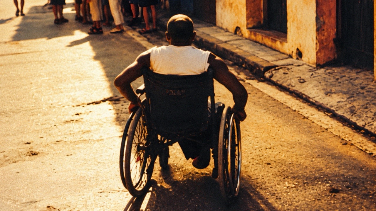 A person moving through a sunlit street in a wheelchair